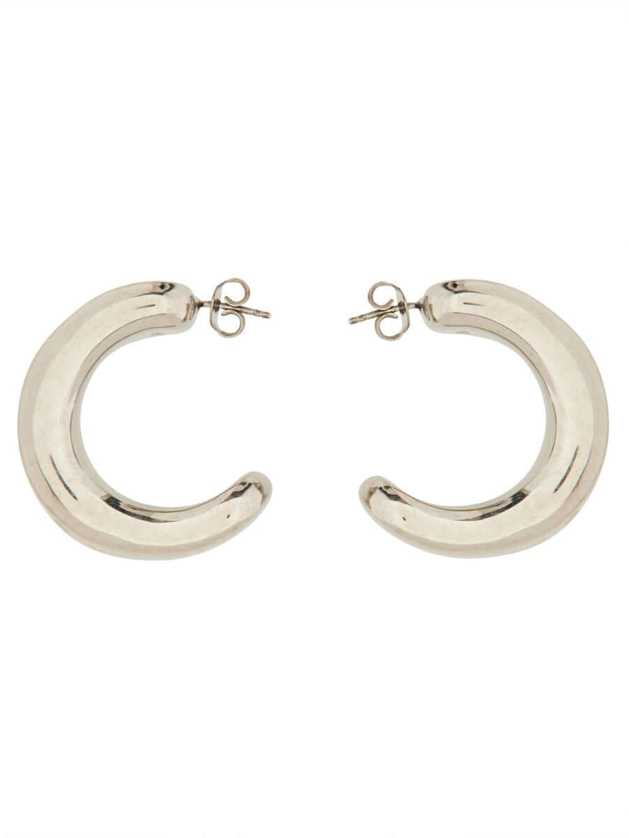 Pair of silver hoop earrings on a white background