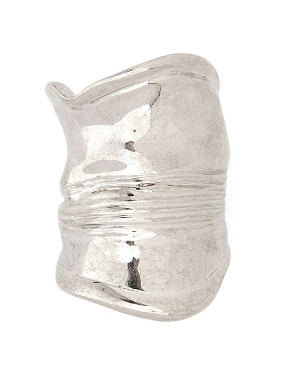 Silver ring with textured design on a white background