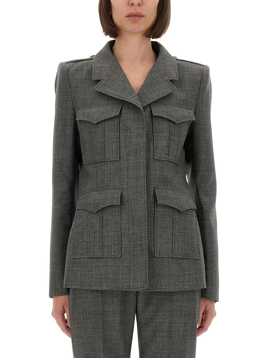 Gray suit with multiple pockets on a white background