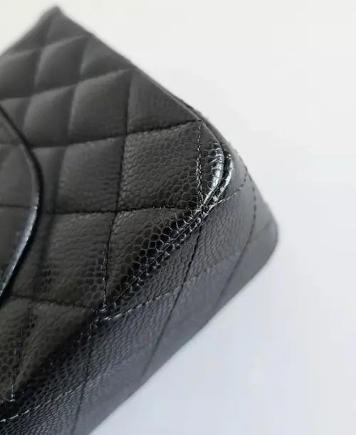 Preloved CHANEL classic quilted handbag front view Authentic CHANEL black leather flap bag CHANEL gold chain shoulder bag – preloved Vintage CHANEL logo clutch purse Secondhand CHANEL luxury tote with dust bag