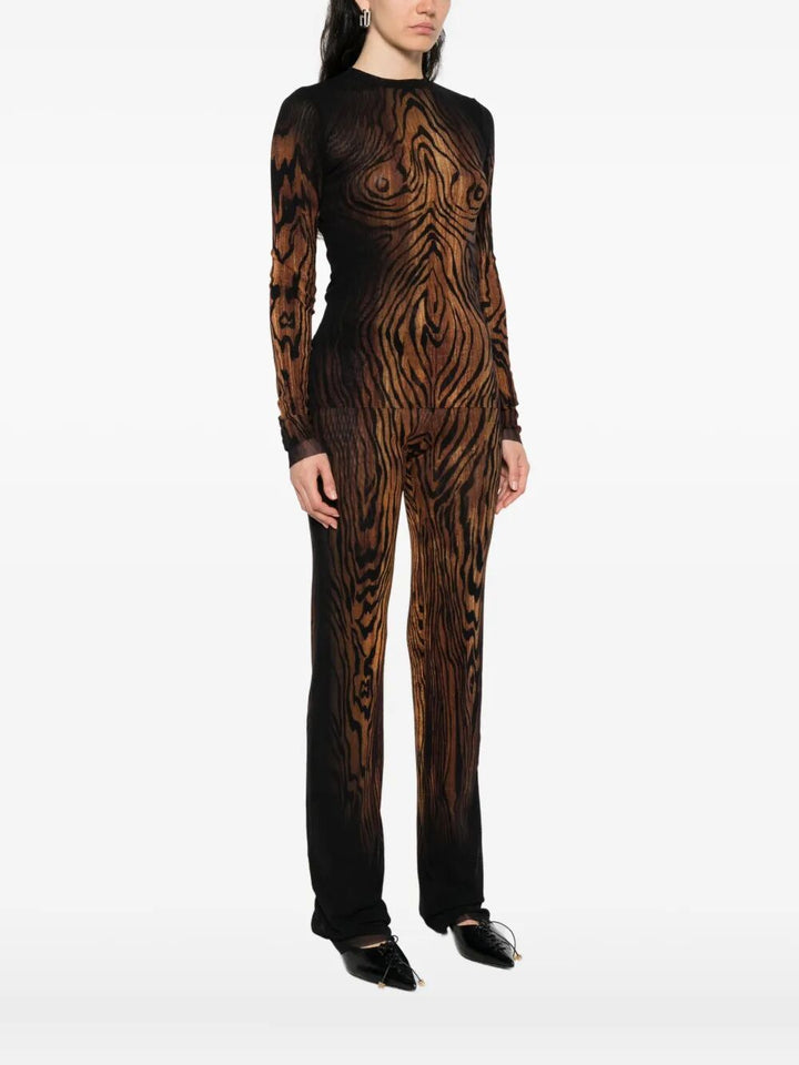 Black and brown patterned jumpsuit on a white background