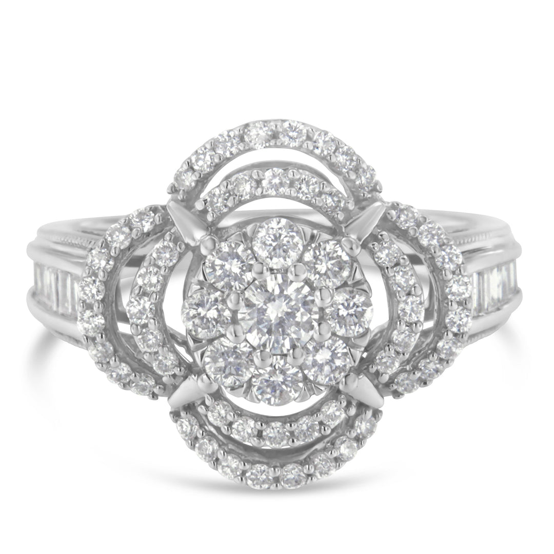 14K White Gold 1.0 Cttw Round & Baguette Cut Diamond Floral Cluster Quatrefoil Channel Set Band Cocktail Statement Ring (H-I Color, SI2-I1 Clarity) - Size 6-3/4