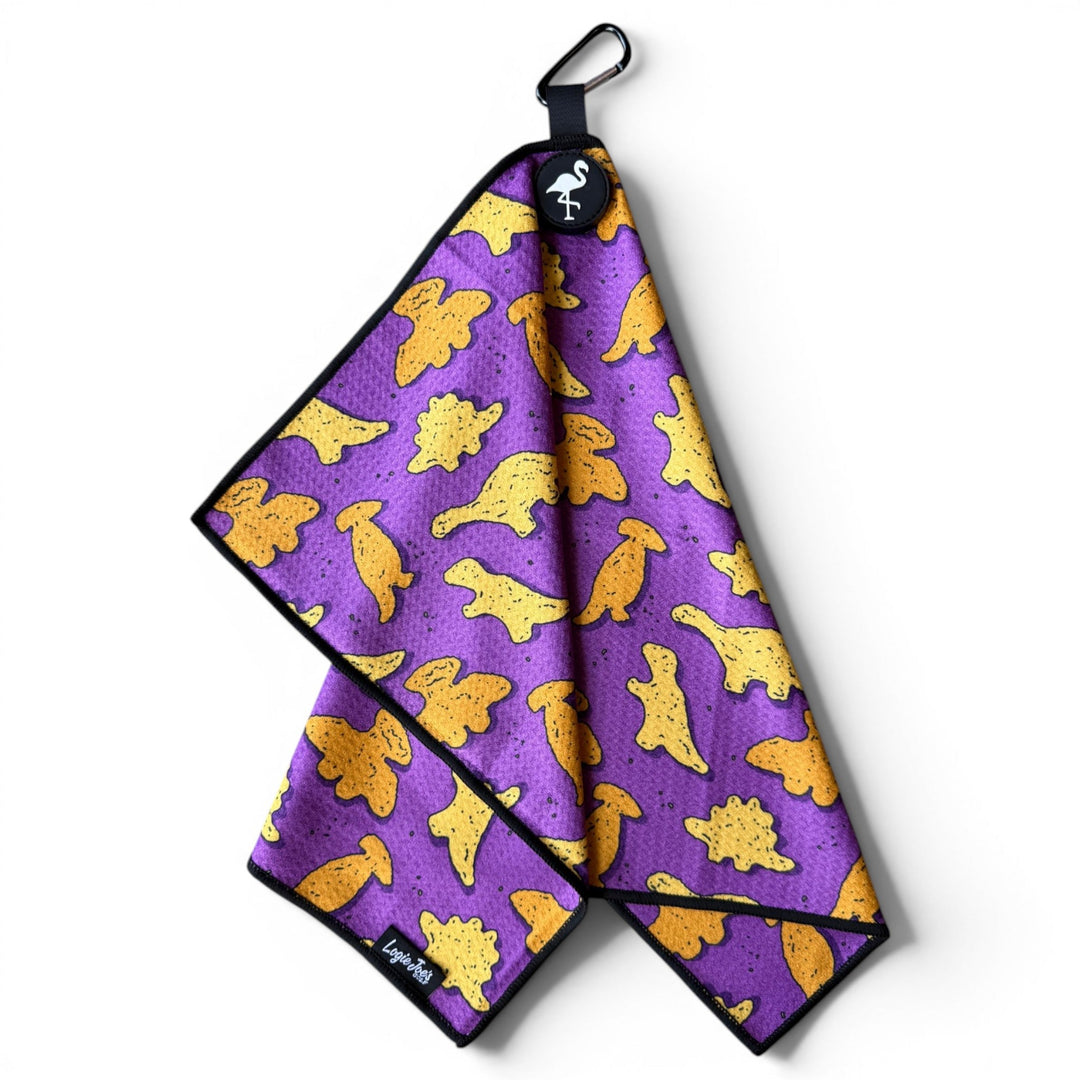 Purple Dino Chicken Nugget Golf Towel | 24” x 16” Microfiber Towel | Magnetic Clip &amp; Carabiner | Premium Golf Accessory