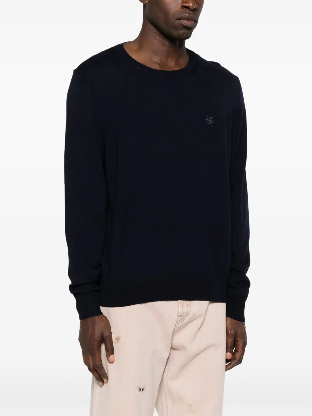 Etro Men Embroidered-Logo Wool Crew Neck Sweater