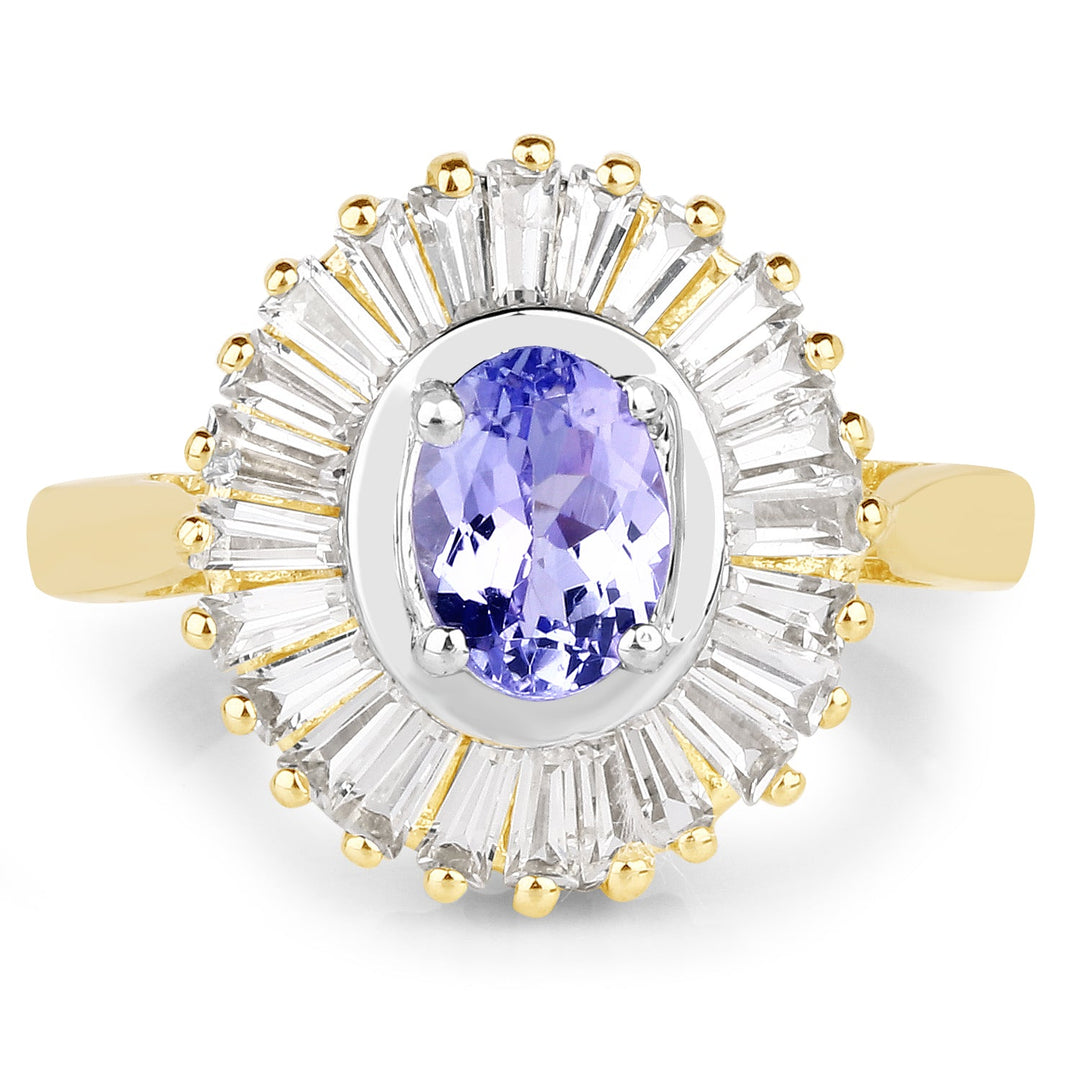 14K Yellow Gold Plated 2.16 Carat Genuine Tanzanite & White Topaz .925 Sterling Silver Ring