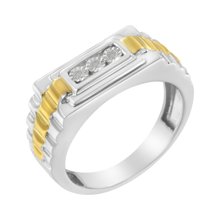 10K Yellow Gold Plated .925 Sterling Silver Diamond Accent Miracle-Set 3 Stone Ridged Band Gentlemen&