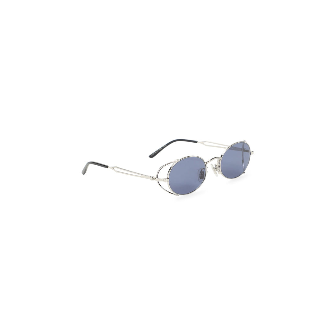 Round sunglasses with silver frame and blue lenses on a white background