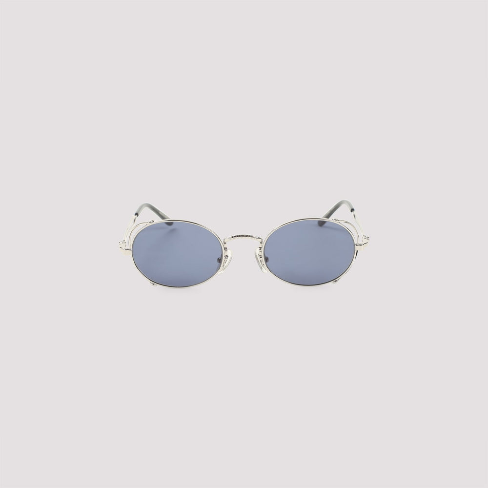 Round sunglasses with blue lenses on a light gray background