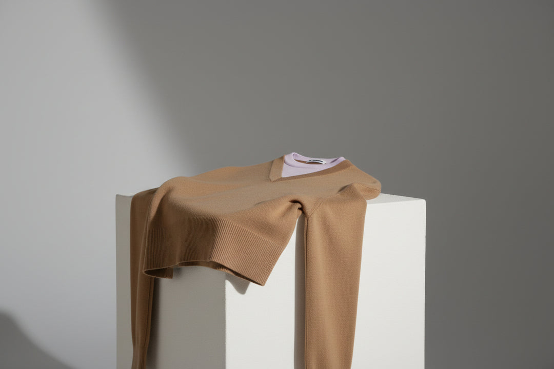 Brown sweater with a white shirt underneath on a white background