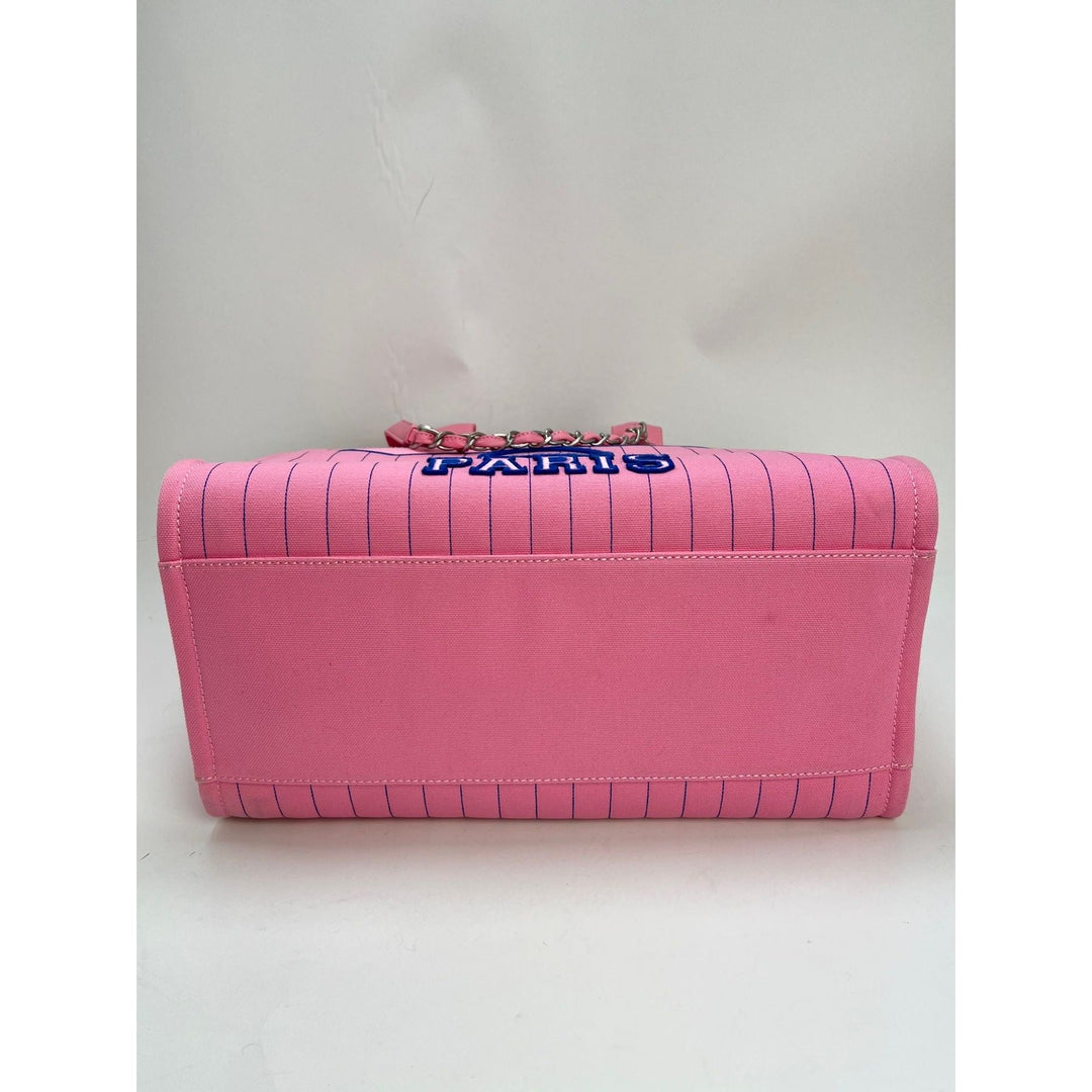 Chanel Canvas Calfskin Striped Medium Deauville Pink Tote