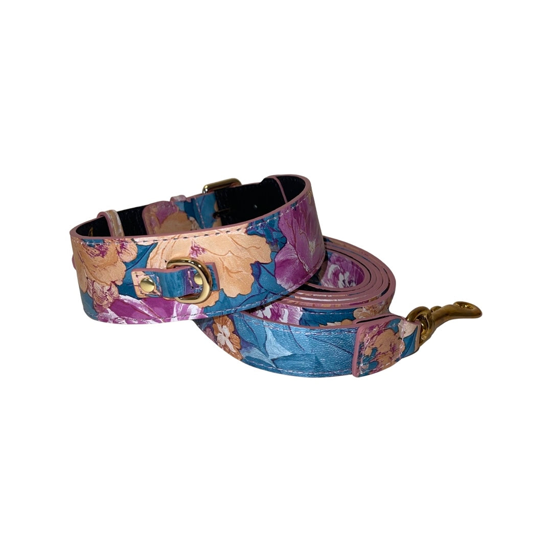 Floral Print Italian Leather Classic Collar &amp; Leash Set