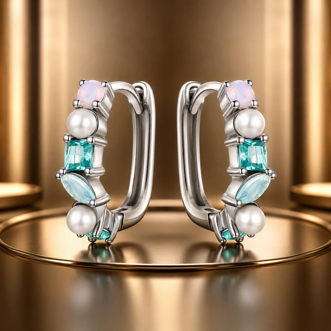 925 Sterling Silver Earrings with Nano Opal, Shell Pearl and Glass, 1.4cm for Women