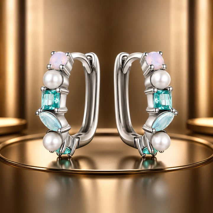 925 Sterling Silver Earrings with Nano Opal, Shell Pearl and Glass, 1.4cm for Women