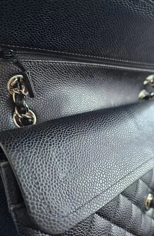 Preloved CHANEL classic quilted handbag front view Authentic CHANEL black leather flap bag CHANEL gold chain shoulder bag – preloved Vintage CHANEL logo clutch purse Secondhand CHANEL luxury tote with dust bag