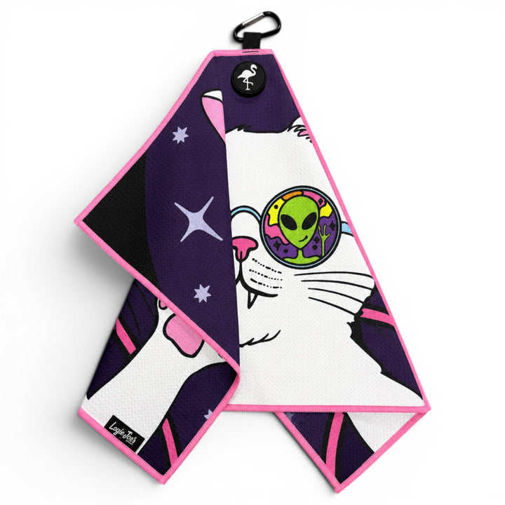 Cosmic Kitty Golf Towel | 24” x 16” Microfiber Towel | Magnetic Clip &amp; Carabiner | Premium Golf Accessory
