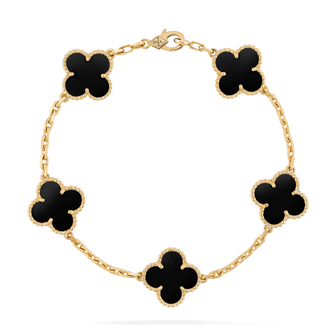 Van Cleef & Arpels Vintage Alhambra bracelet, 5 motifs 18K yellow gold, Onyx in fine jewelry.