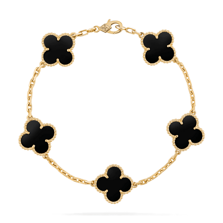 Van Cleef & Arpels Vintage Alhambra bracelet, 5 motifs 18K yellow gold, Onyx in fine jewelry.
