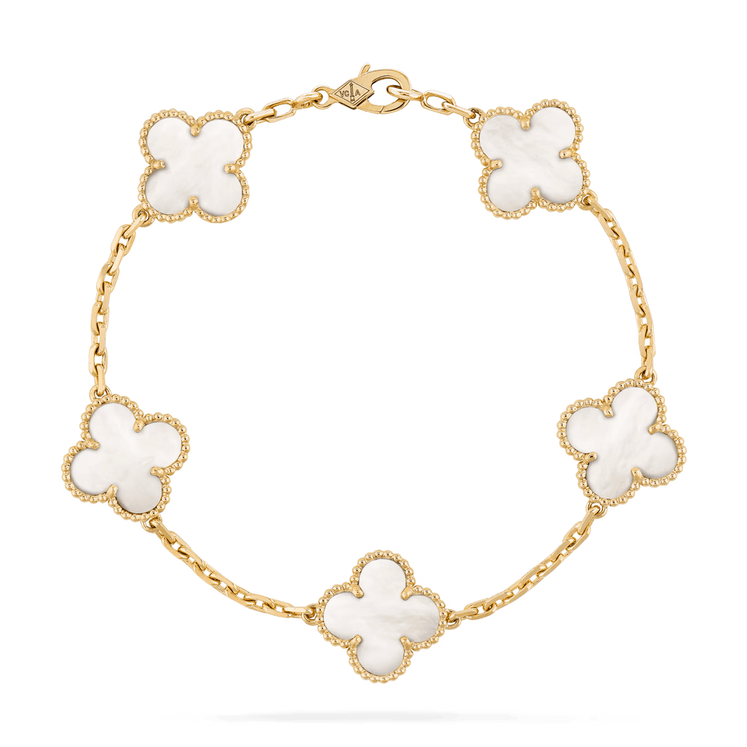 Van Cleef & Arpels Vintage Alhambra bracelet, 5 motifs 18K yellow gold, Mother-of-pearl on a white background.