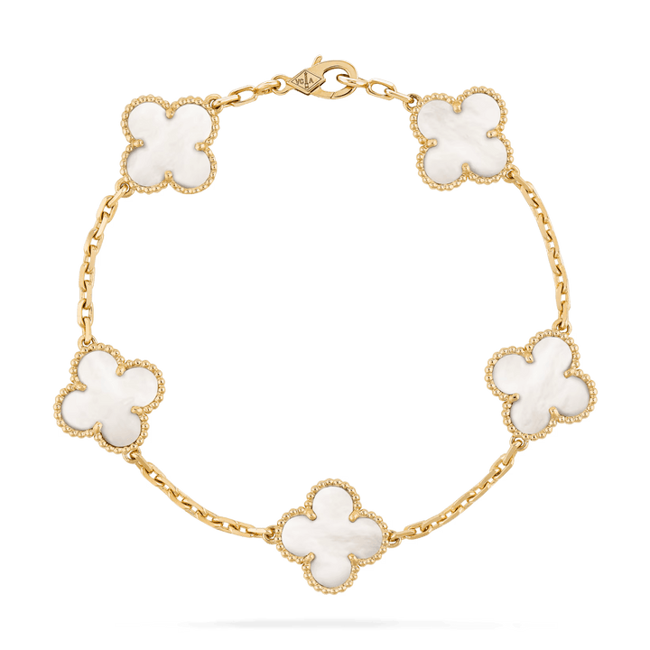 Van Cleef & Arpels Vintage Alhambra bracelet, 5 motifs 18K yellow gold, Mother-of-pearl on a white background.