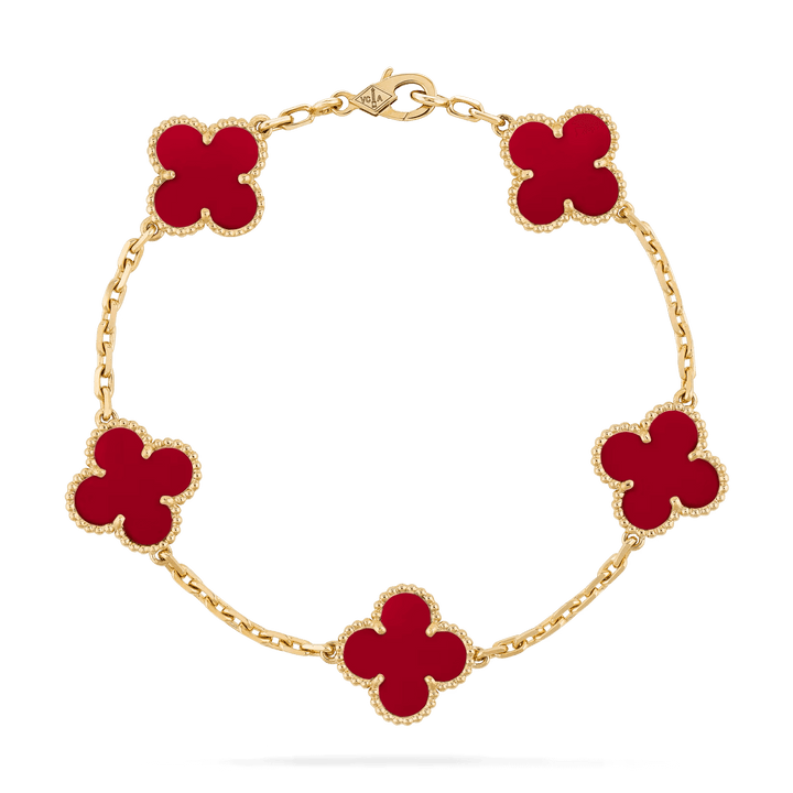 Van Cleef & Arpels Vintage Alhambra bracelet, 5 motifs 18K yellow gold, Carnelian on a white background.