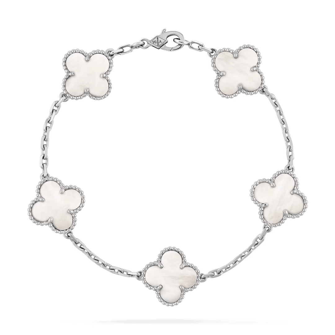 Van Cleef & Arpels Vintage Alhambra bracelet, 5 motifs 18K white gold, Mother-of-pearl on display.
