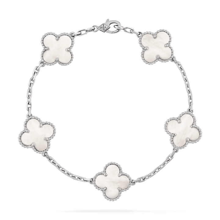 Van Cleef & Arpels Vintage Alhambra bracelet, 5 motifs 18K white gold, Mother-of-pearl on display.