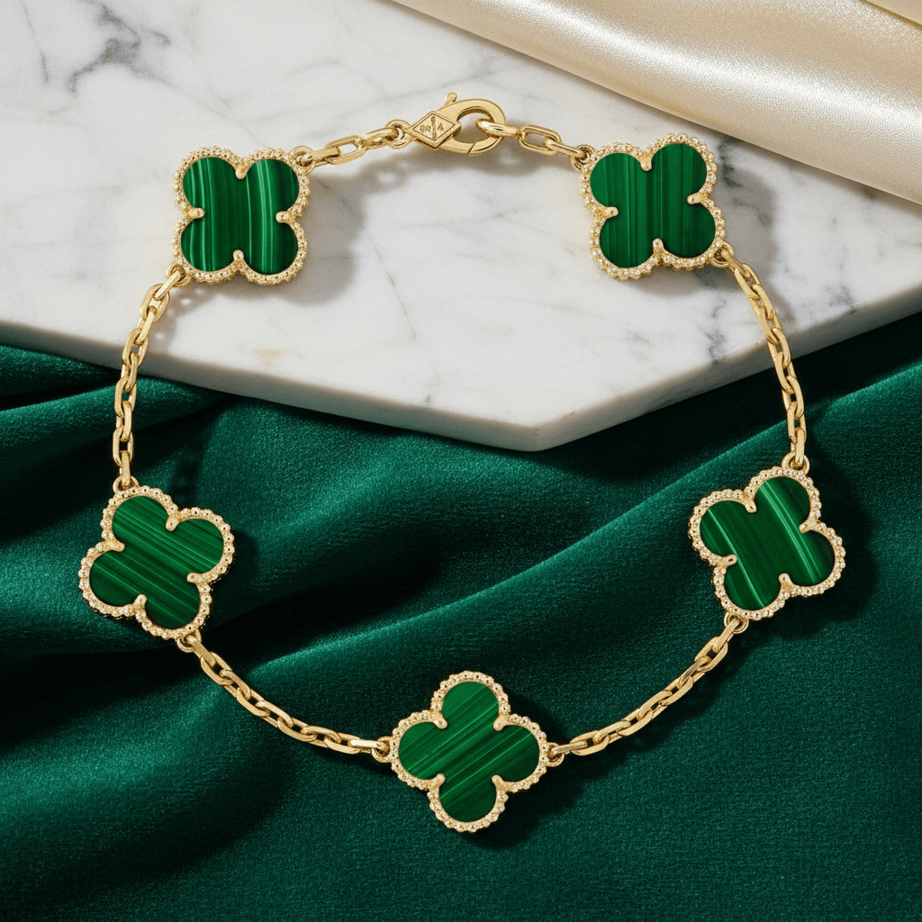 Van Cleef & Arpels Vintage Alhambra bracelet, 5 motifs 18K yellow gold, Malachite on green fabric surface.