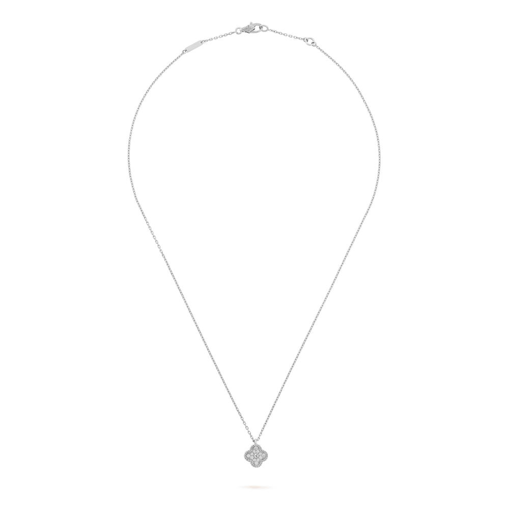 Van Cleef & Arpels Sweet Alhambra pendant 18K white gold, Diamond displayed on a silver chain, fine jewelry.