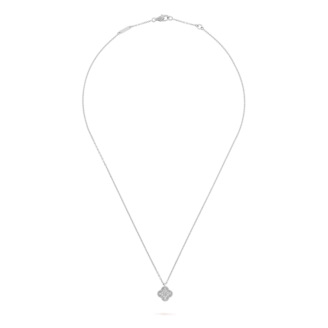Van Cleef & Arpels Sweet Alhambra pendant 18K white gold, Diamond displayed on a silver chain, fine jewelry.