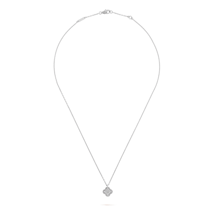 Van Cleef & Arpels Sweet Alhambra pendant 18K white gold, Diamond displayed on a silver chain, fine jewelry.