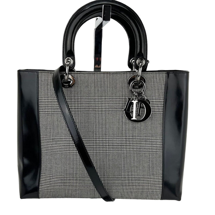 Christian Dior Large Lady Black Patent Leather Canvas Hand Bag