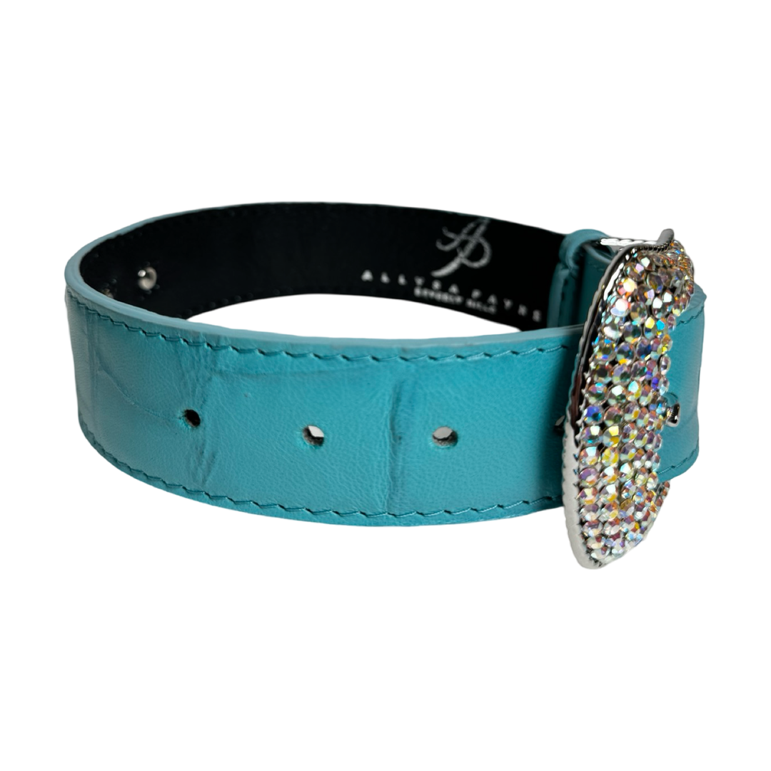 The Tiffany Collection. Gorgeous Turquoise Blue Embossed Croc Italian Leather/Custom Silver Swarovski Crystal Hardware Collar.