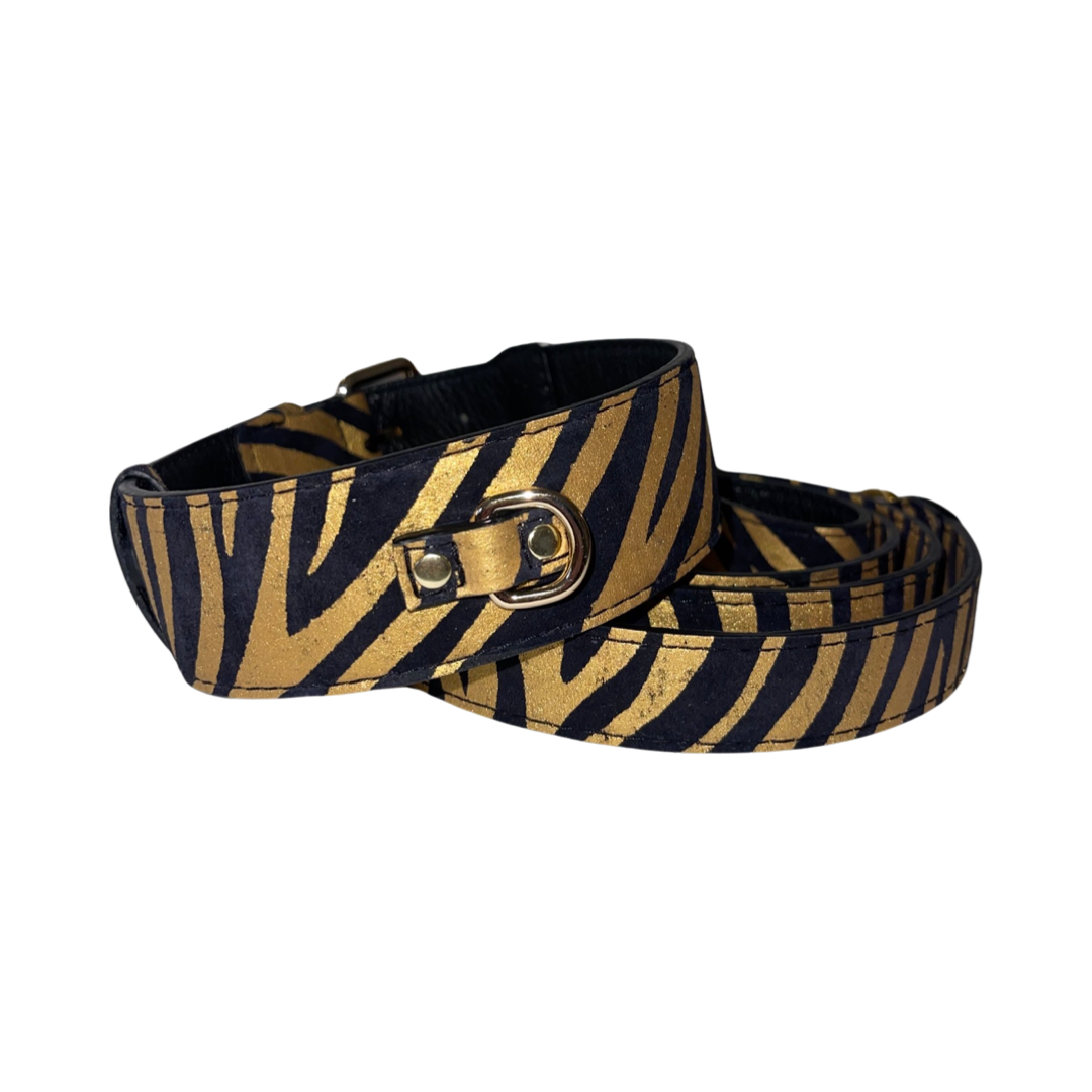 Black &amp; Gold Zebra Print Italian Leather Classic Collar &amp; Leash Set