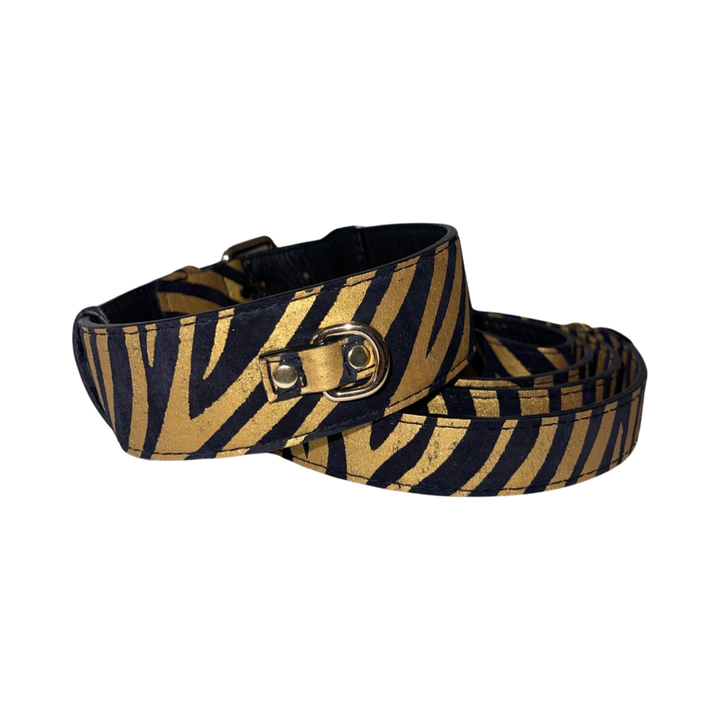 Black &amp; Gold Zebra Print Italian Leather Classic Collar &amp; Leash Set