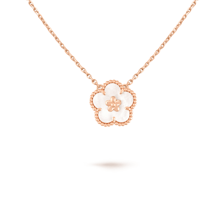 Van Cleef & Arpels Lucky Spring pendant, plum blossom 18K rose gold, Mother-of-pearl fine jewelry necklace.