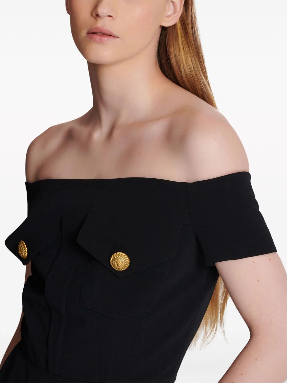 Balmain Women Off-Shoulders Flare Crepe Jumpsuit