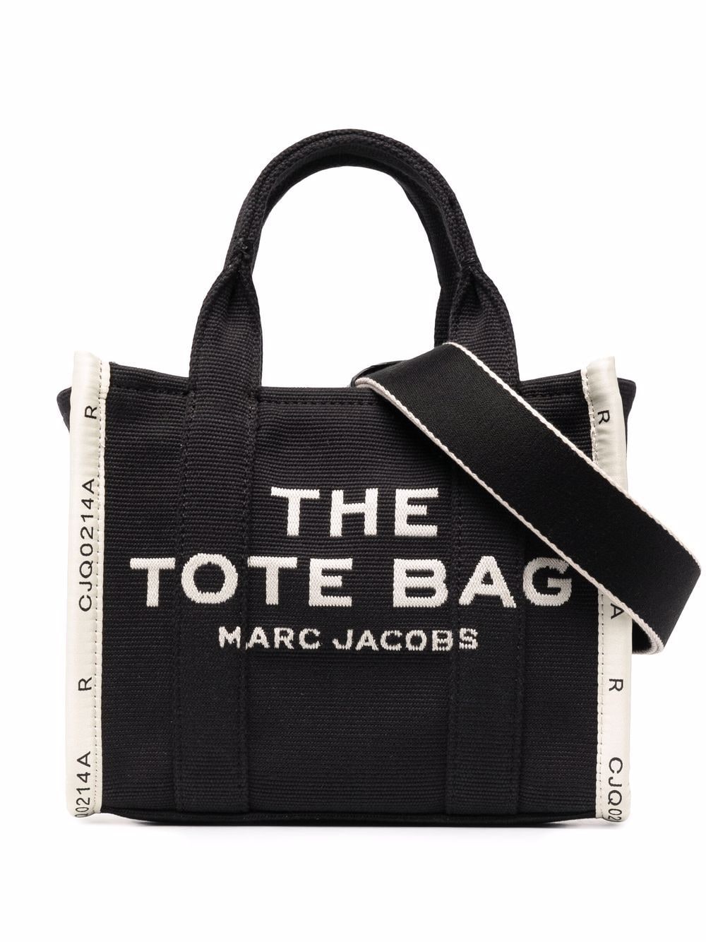 Black tote bag with 'The Tote Bag' and 'Marc Jacobs' text on a white background