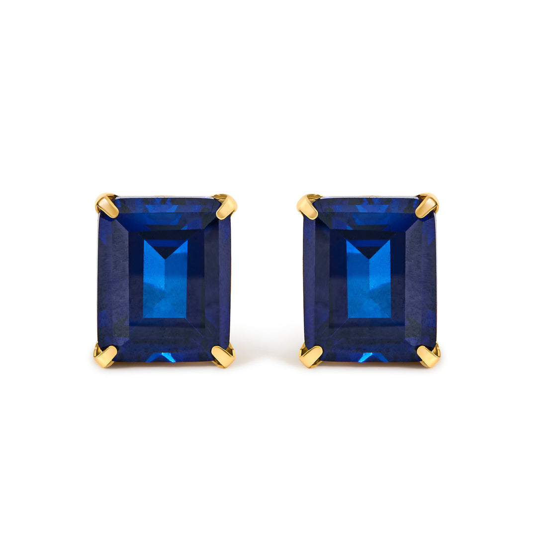 18K Yellow Gold 10x8 MM Lab Created Blue Sapphire Emerald Cut Solitaire Stud Earrings