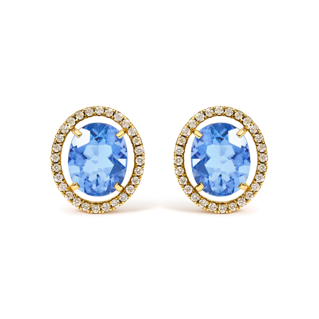 18K Yellow Gold 8X10 MM Blue Fluorite Oval and 1/2 Cttw Diamond Halo Stud Earrings