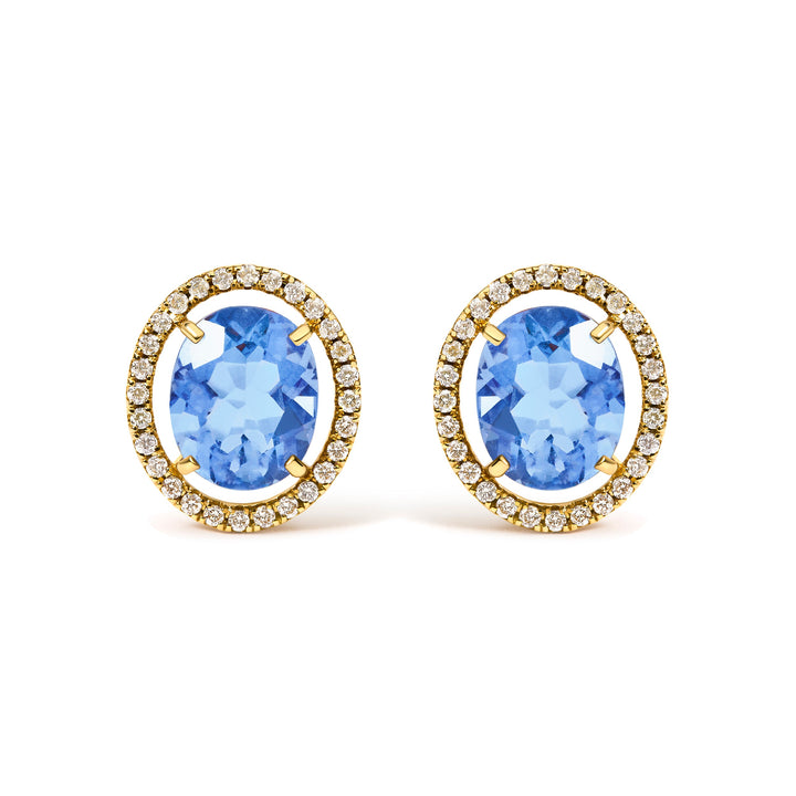 18K Yellow Gold 8X10 MM Blue Fluorite Oval and 1/2 Cttw Diamond Halo Stud Earrings
