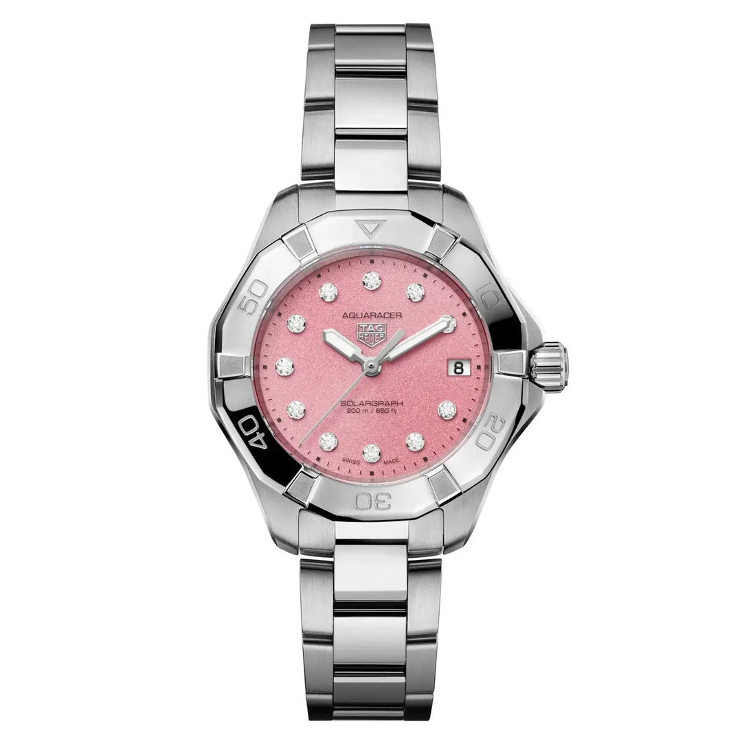 Watch with pink dial and silver metal bracelet on white background