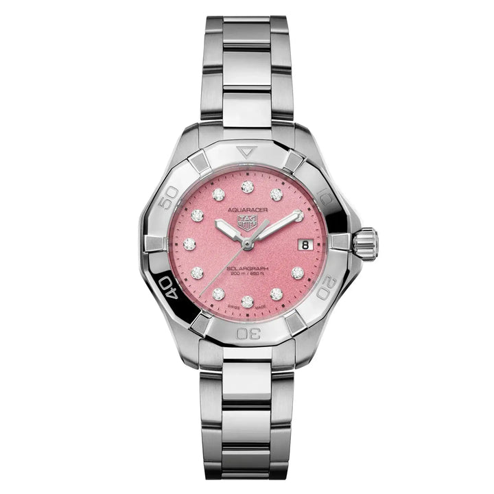 Watch with pink dial and silver metal bracelet on white background