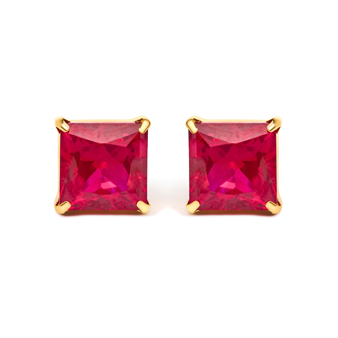 18K Yellow Gold 7x7 MM Created Red Ruby Princess Cut Solitaire Stud Earrings
