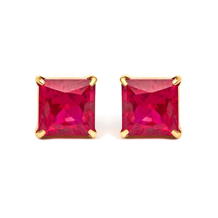 18K Yellow Gold 7x7 MM Created Red Ruby Princess Cut Solitaire Stud Earrings