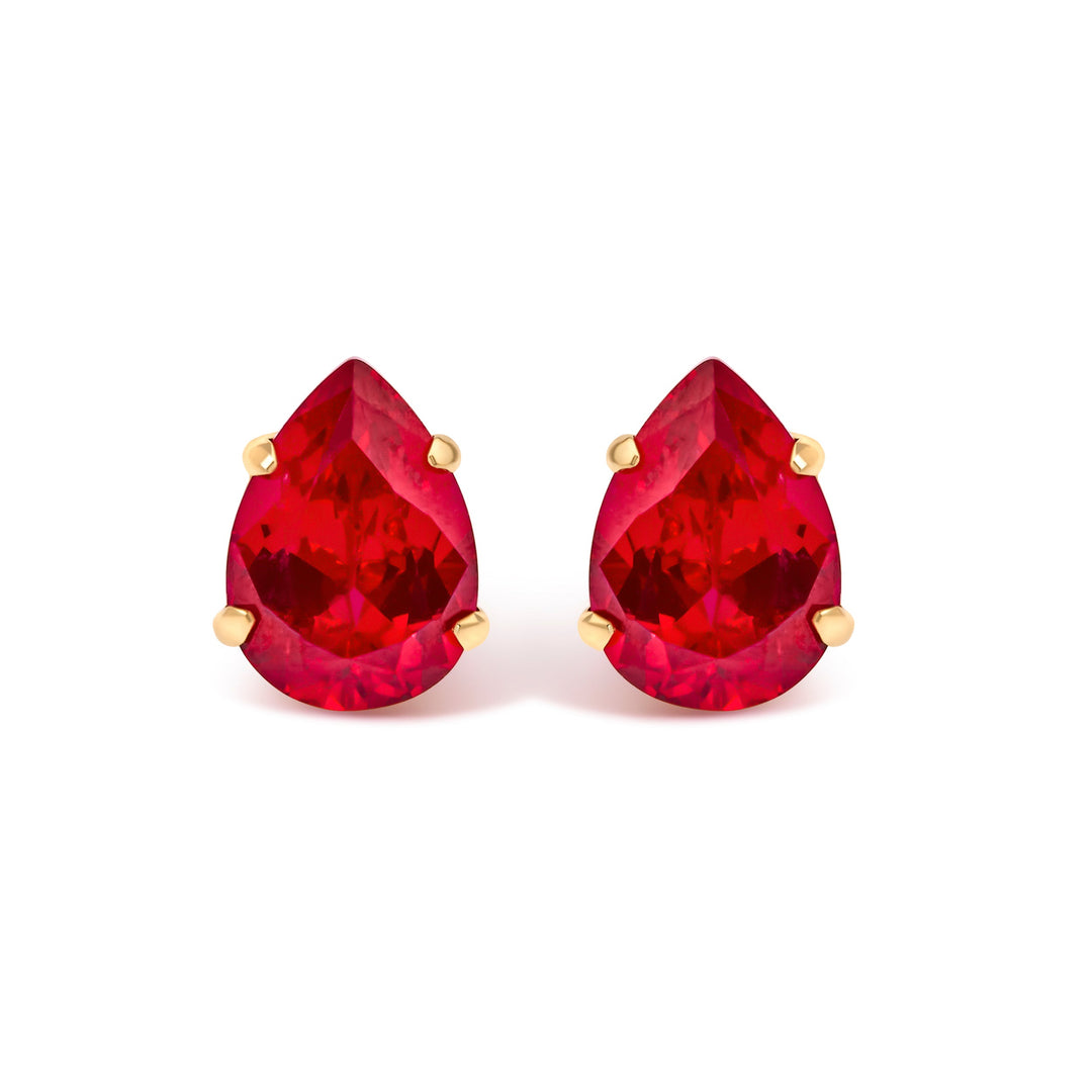 18K Yellow Gold 5X7 MM Created Pear Ruby Solitaire Stud Earrings