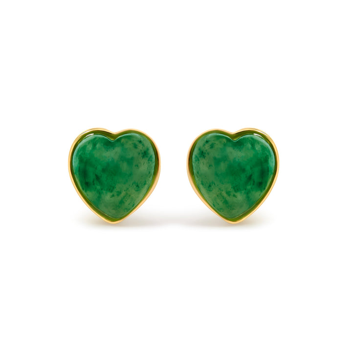 18K Yellow Gold 9x8 MM Bezel Set Green Jade Heart Stud Earrings
