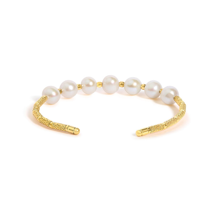 18K Yellow Gold Freshwater Pearl Cuff Bangle Bracelet