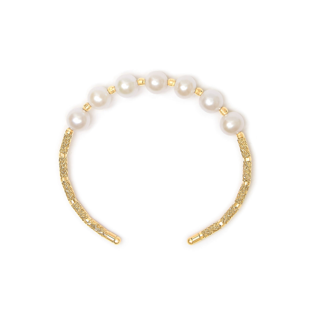 18K Yellow Gold Freshwater Pearl Cuff Bangle Bracelet