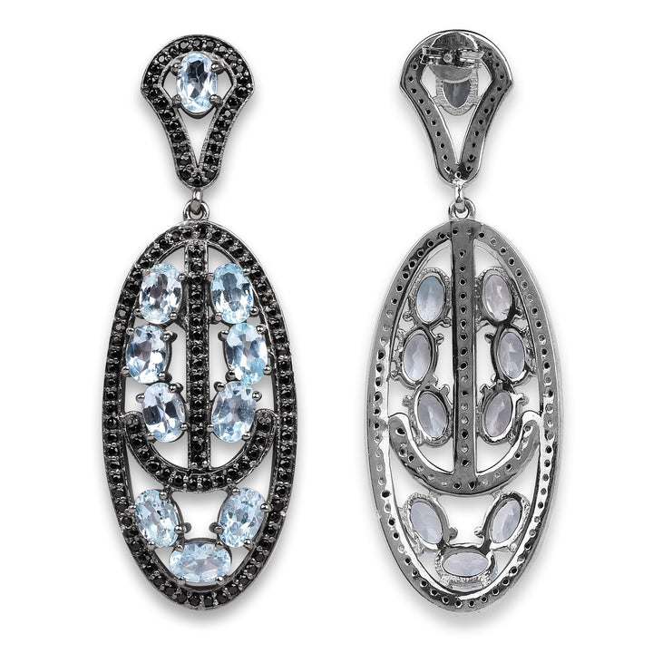 13.80 Carat Genuine Blue Topaz and Black Spinel .925 Sterling Silver Earrings