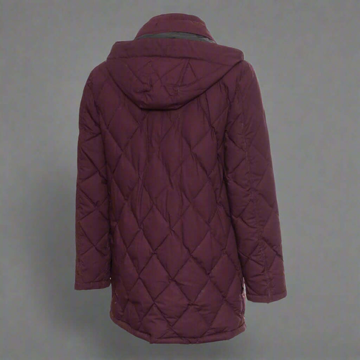 Maroon quilted jacket on a white background